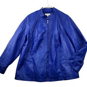 Cj Banks Womens Blue Moto Jacket 1X Faux Vegan Leather Zip-Up Lightweight